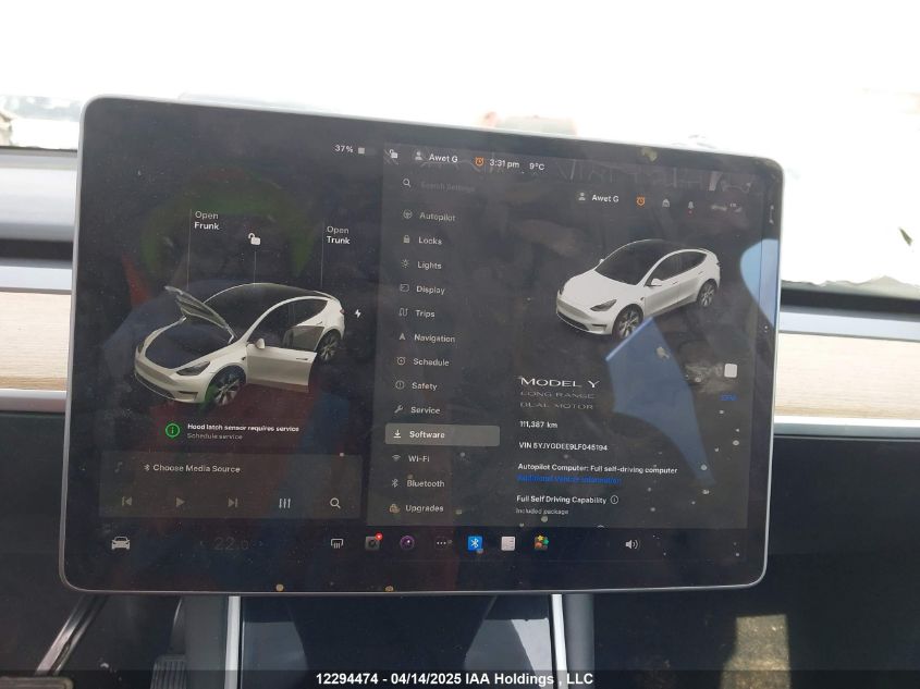 2020 Tesla Model Y VIN: 5YJYGDEE9LF045194 Lot: 12294474