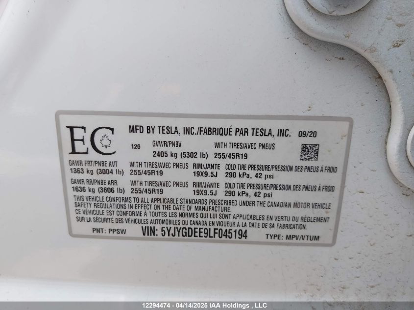 2020 Tesla Model Y VIN: 5YJYGDEE9LF045194 Lot: 12294474