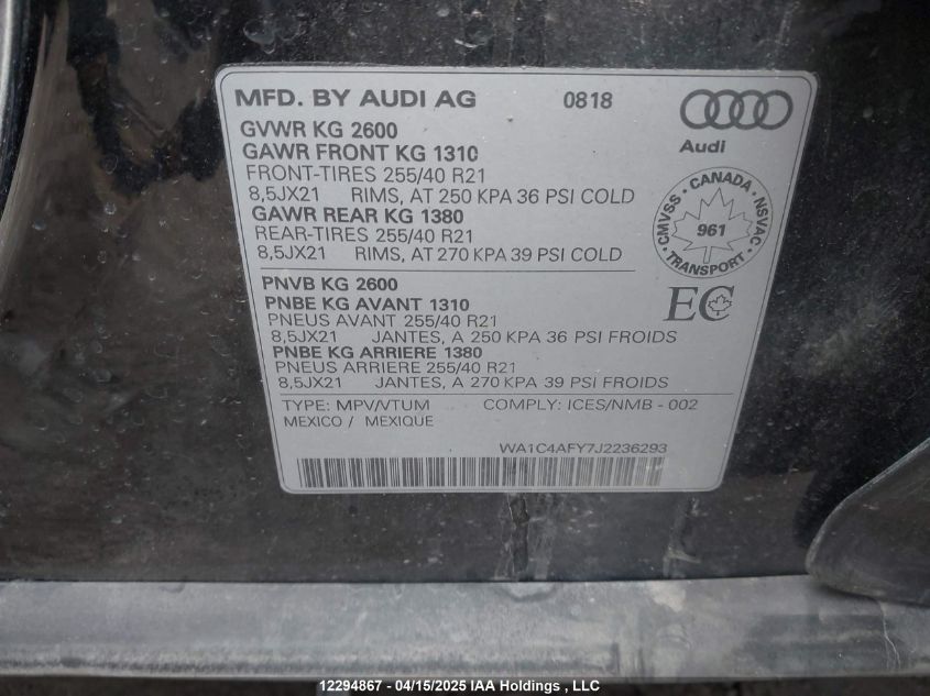 2018 Audi Sq5 Prestige VIN: WA1C4AFY7J2236293 Lot: 12294867