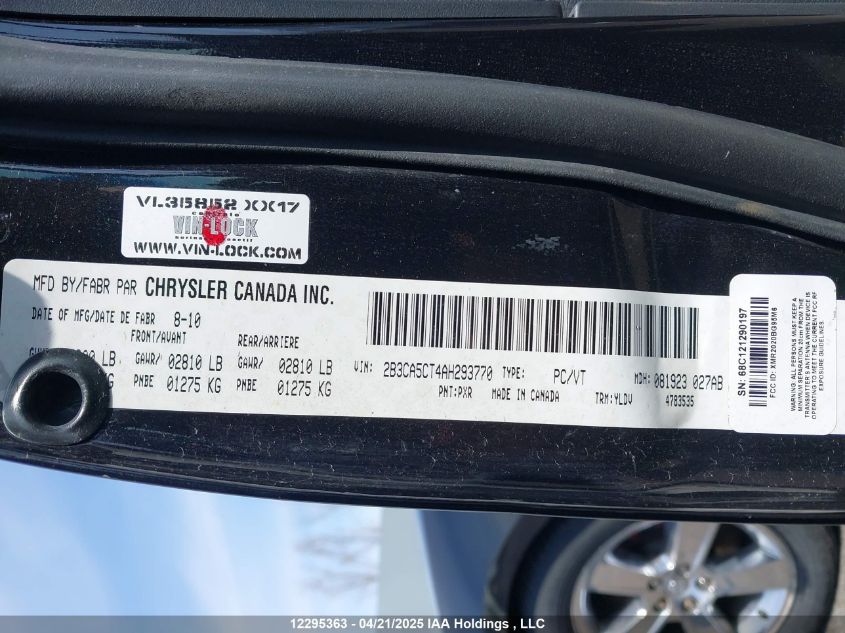 2010 Dodge Charger VIN: 2B3CA5CT4AH293770 Lot: 12295363