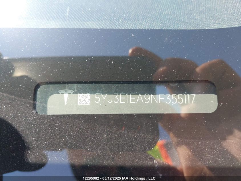 2022 Tesla Model 3 VIN: 5YJ3E1EA9NF355117 Lot: 12295982