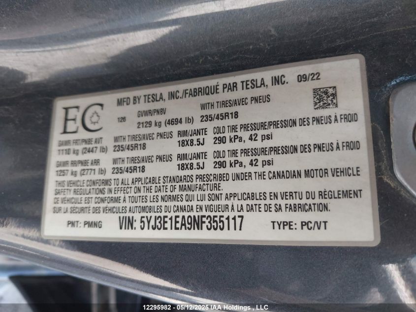 2022 Tesla Model 3 VIN: 5YJ3E1EA9NF355117 Lot: 12295982