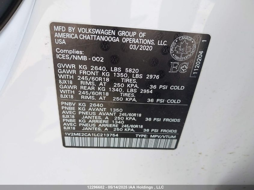 2020 Volkswagen Atlas Cross Sport VIN: 1V2ME2CA1LC213754 Lot: 12296682