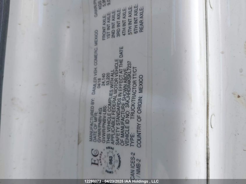 2019 Freightliner Cascadia 126 VIN: 3AKJHHDR4KSKL7237 Lot: 12298073