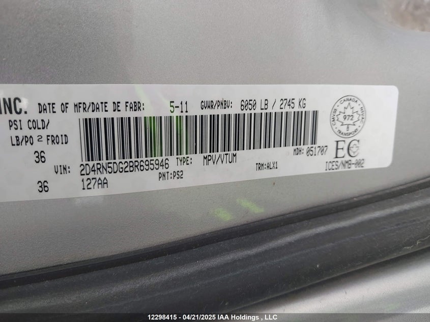 2D4RN5DG2BR695946 2011 DODGE CARAVAN photo no. 9