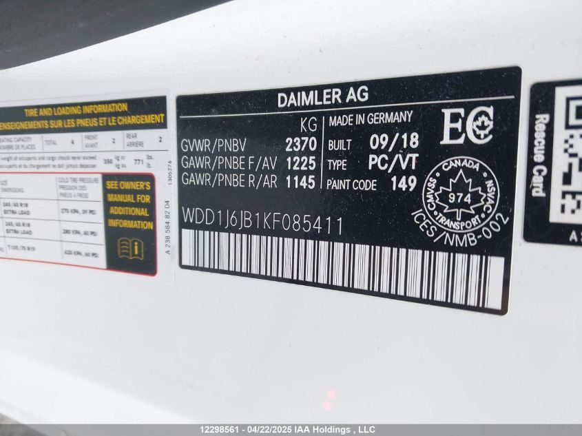 2019 Mercedes-Benz E 450 4Matic VIN: WDD1J6JB1KF085411 Lot: 12298561