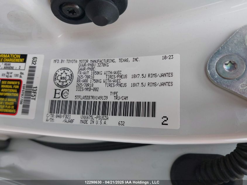 2024 Toyota Tundra Sr VIN: 5TFLA5DB7RX149139 Lot: 12298630