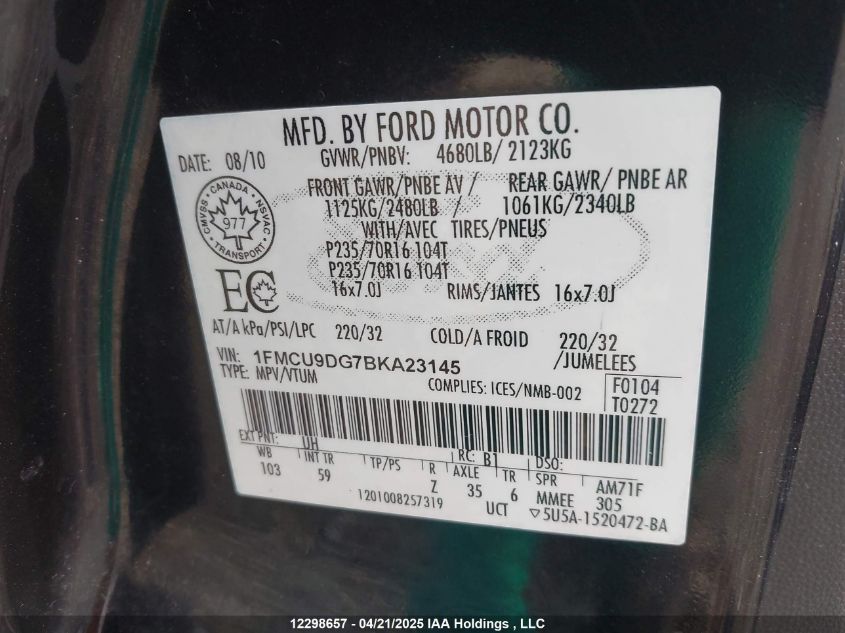 2011 Ford Escape Xlt VIN: 1FMCU9DG7BKA23145 Lot: 12298657