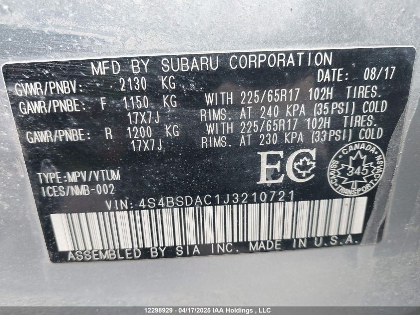 2018 Subaru Outback 2.5I VIN: 4S4BSDAC1J3210721 Lot: 12298929