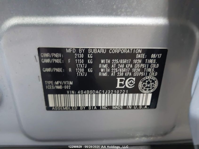 2018 Subaru Outback 2.5I VIN: 4S4BSDAC1J3210721 Lot: 12298929