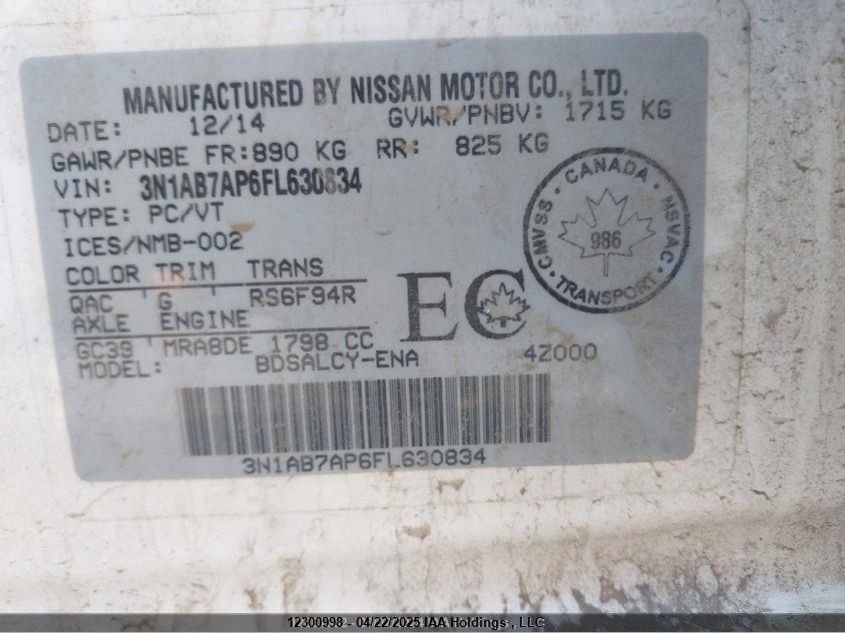 2015 Nissan Sentra VIN: 3N1AB7AP6FL630834 Lot: 12300998