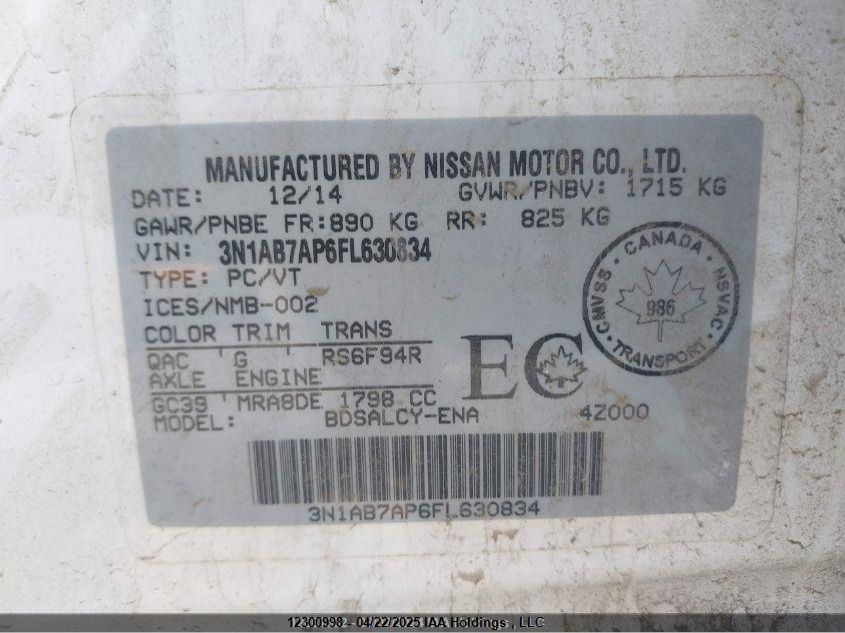 2015 Nissan Sentra VIN: 3N1AB7AP6FL630834 Lot: 12300998