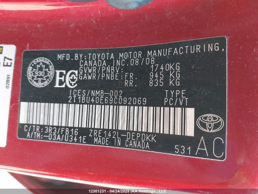 2009 Toyota Corolla Ce VIN: 2T1BU40E69C092069 Lot: 12301231