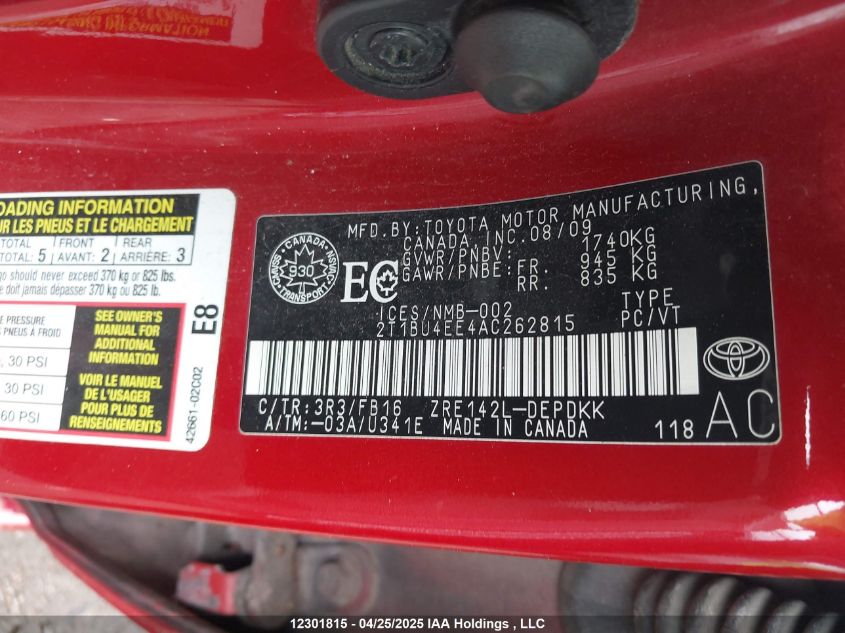 2010 Toyota Corolla Le VIN: 2T1BU4EE4AC262815 Lot: 12301815