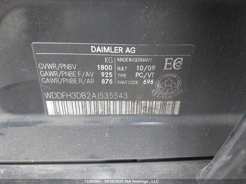 2010 Mercedes-Benz B 200 VIN: WDDFH3DB2AJ535543 Lot: 12302863