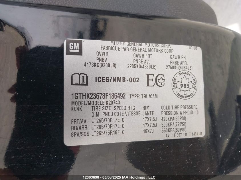 2008 GMC Sierra 2500Hd VIN: 1GTHK23678F186492 Lot: 12303690