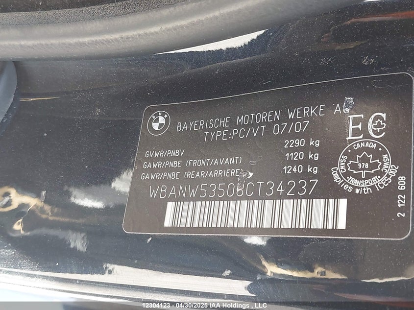2008 BMW 5 Series VIN: WBANW53508CT34237 Lot: 12304123
