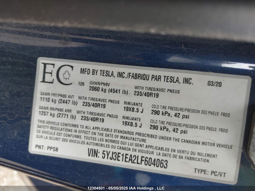 2020 Tesla Model 3 VIN: 5YJ3E1EA2LF604063 Lot: 12304501