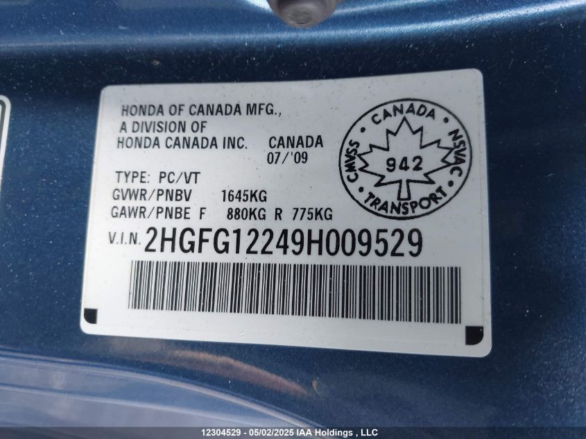 2009 Honda Civic Cpe VIN: 2HGFG12249H009529 Lot: 12304529