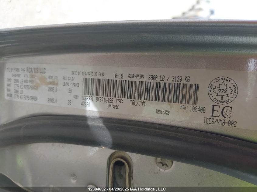 2019 Ram 1500 Classic Slt VIN: 1C6RR7LT8KS718499 Lot: 12304652