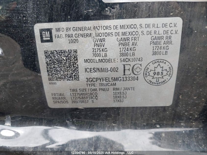 2021 Chevrolet Silverado 1500 VIN: 3GCPYFEL5MG133304 Lot: 12304790