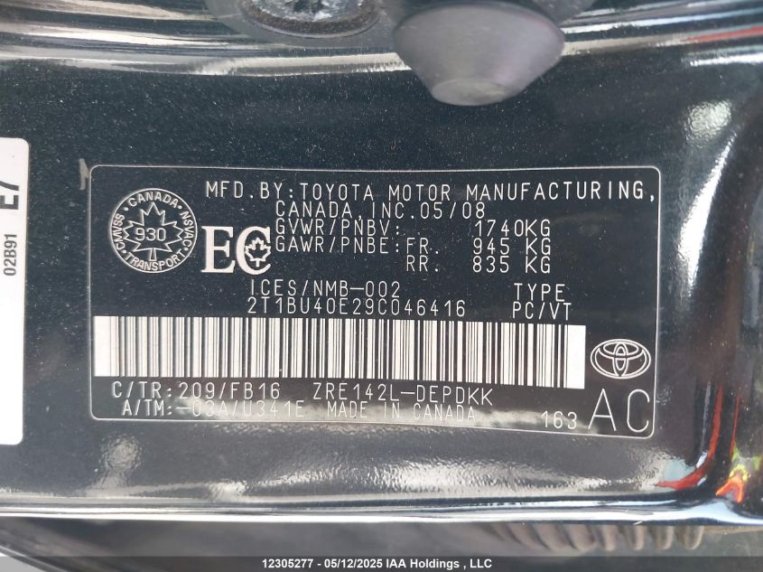 2009 Toyota Corolla Ce VIN: 2T1BU40E29C046416 Lot: 12305277