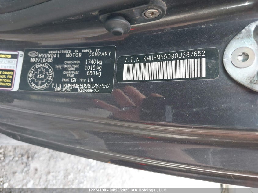 2008 Hyundai Tiburon Gs VIN: KMHHM65D98U287652 Lot: 12274138X