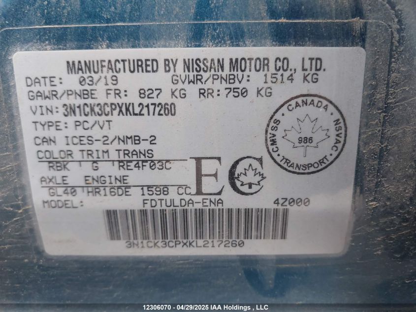 2019 Nissan Micra VIN: 3N1CK3CPXKL217260 Lot: 12306070