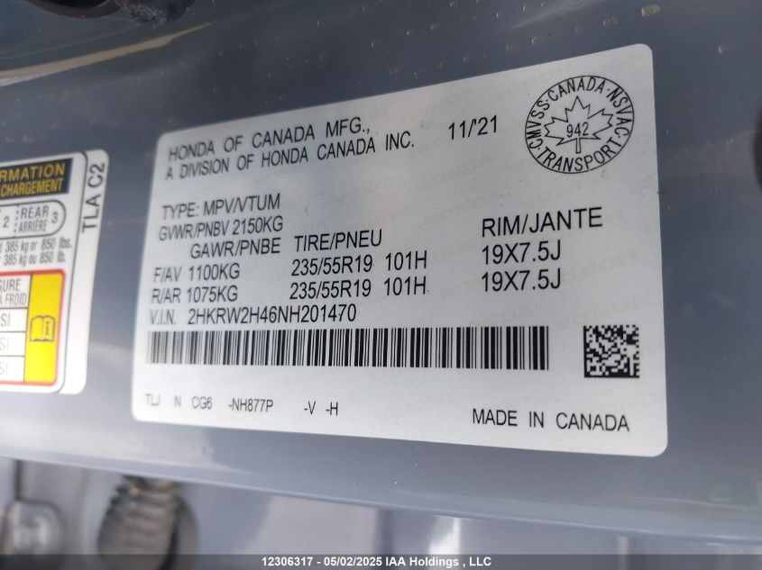 2022 Honda Cr-V Sport VIN: 2HKRW2H46NH201470 Lot: 12306317