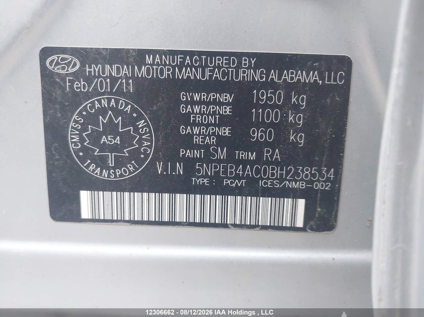 2011 HYUNDAI SONATA SEDAN 2.4L I-4 DI, DOHC, VVT, 198HP