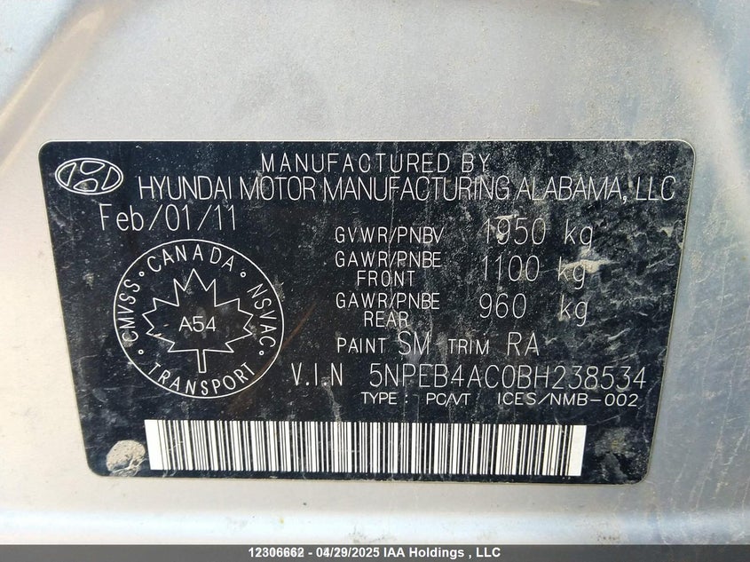 2011 HYUNDAI SONATA SEDAN 2.4L I-4 DI, DOHC, VVT, 198HP