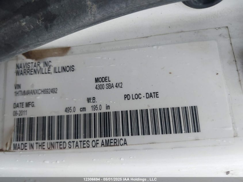 2012 International 4000 4300 VIN: 1HTMMAANXCH692492 Lot: 12306694