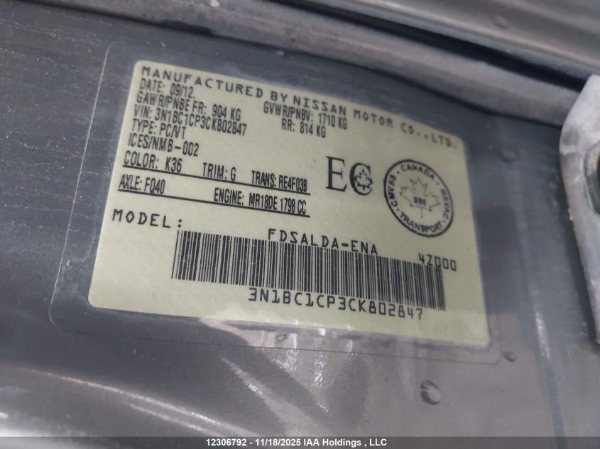 2012 Nissan Versa 1.8 S/1.8 Sl VIN: 3N1BC1CP3CK802847 Lot: 12306792