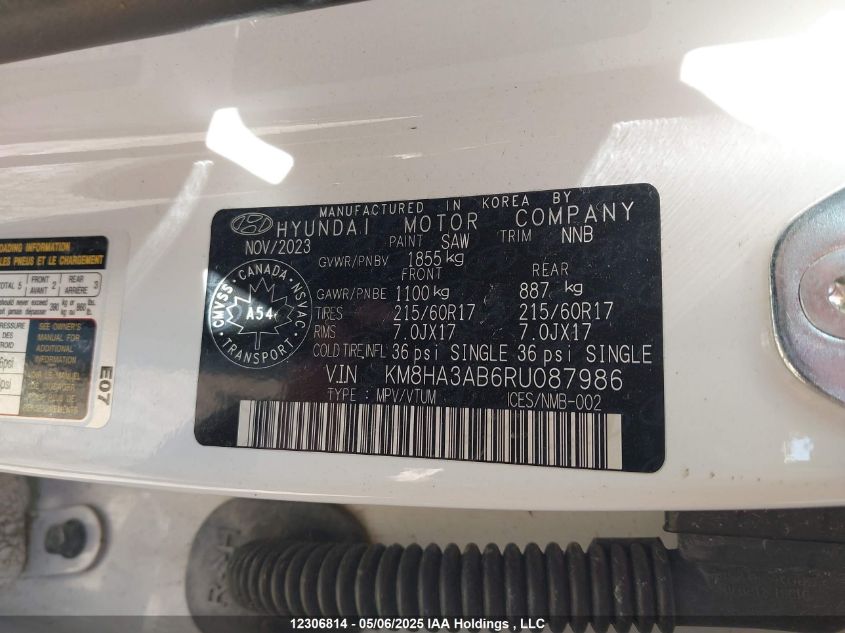 2024 Hyundai Kona Se VIN: KM8HA3AB6RU087986 Lot: 12306814