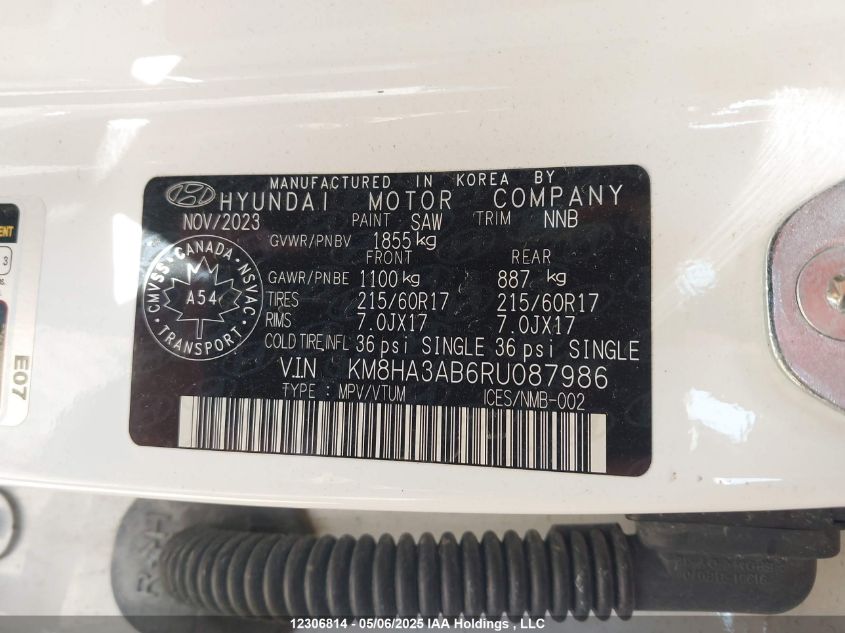 2024 Hyundai Kona Se VIN: KM8HA3AB6RU087986 Lot: 12306814