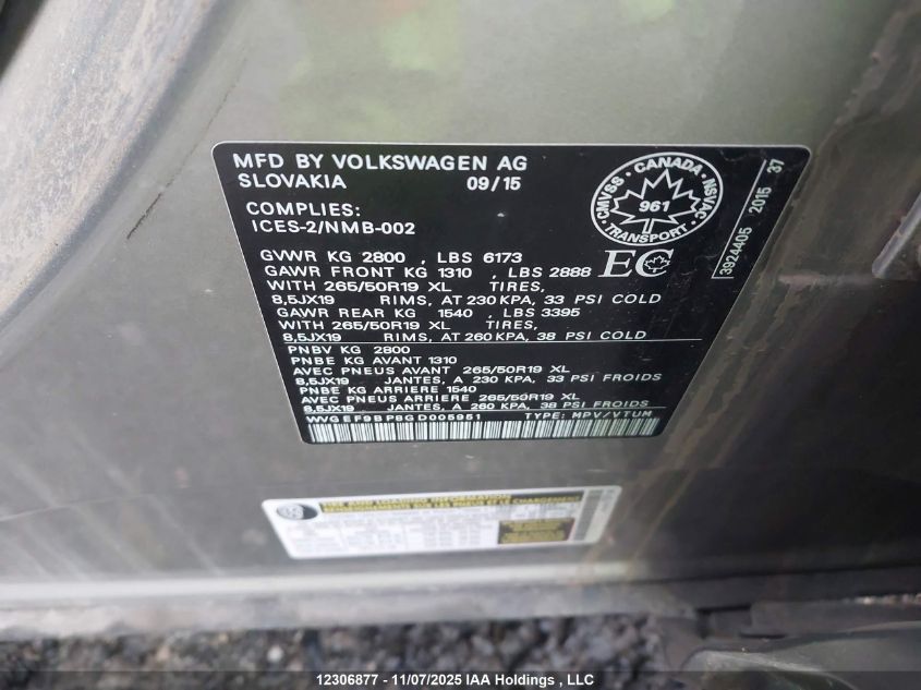 2016 Volkswagen Touareg VIN: WVGEF9BP8GD005951 Lot: 12306877