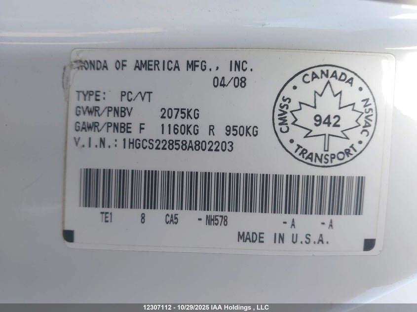 1HGCS22858A802203 2008 HONDA ACCORD photo no. 9