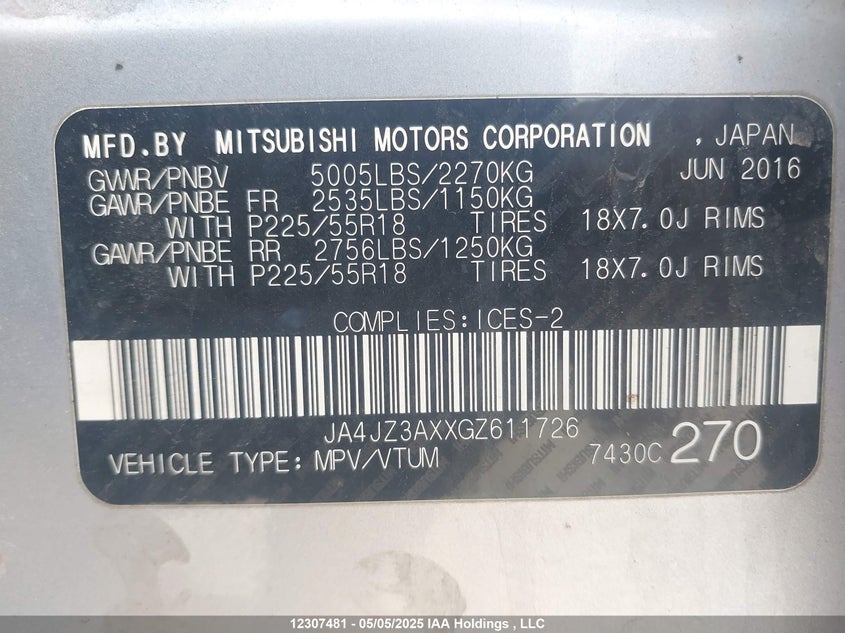 2016 Mitsubishi Outlander VIN: JA4JZ3AXXGZ611726 Lot: 12307481