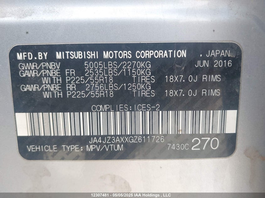 2016 Mitsubishi Outlander VIN: JA4JZ3AXXGZ611726 Lot: 12307481