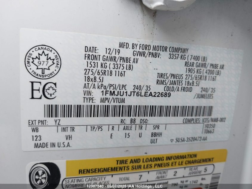 2020 Ford Expedition Xlt VIN: 1FMJU1JT6LEA22689 Lot: 12307540