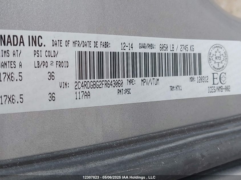 2015 Dodge Grand Caravan Se VIN: 2C4RDGBG2FR643060 Lot: 12307823