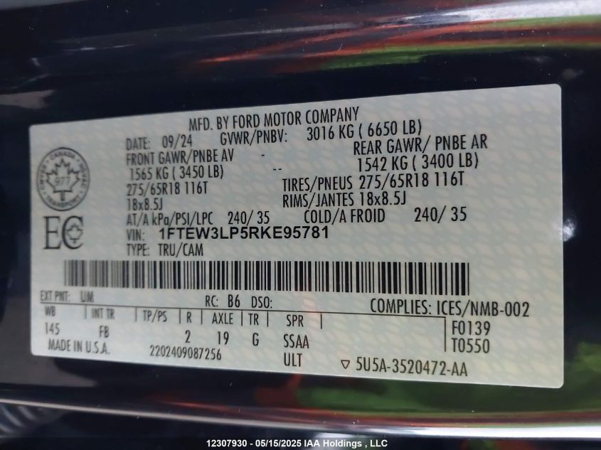 2024 Ford F150 Xlt VIN: 1FTEW3LP5RKE95781 Lot: 12307930