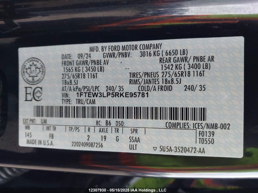 2024 Ford F150 Xlt VIN: 1FTEW3LP5RKE95781 Lot: 12307930