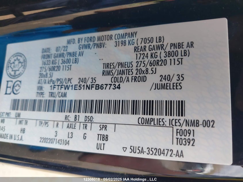 1FTFW1E51NFB67734 2022 FORD F-150 photo no. 9