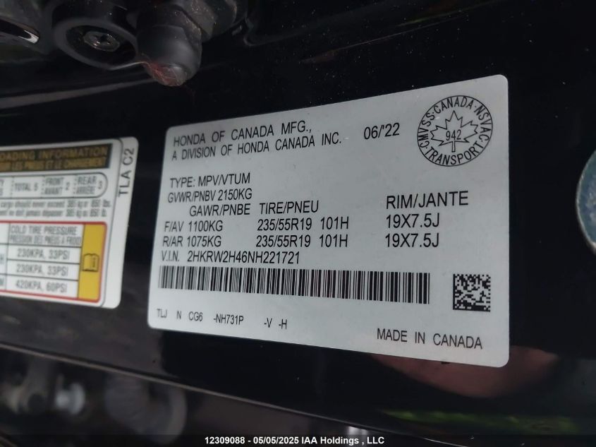 2022 Honda Cr-V Sport VIN: 2HKRW2H46NH221721 Lot: 12309088