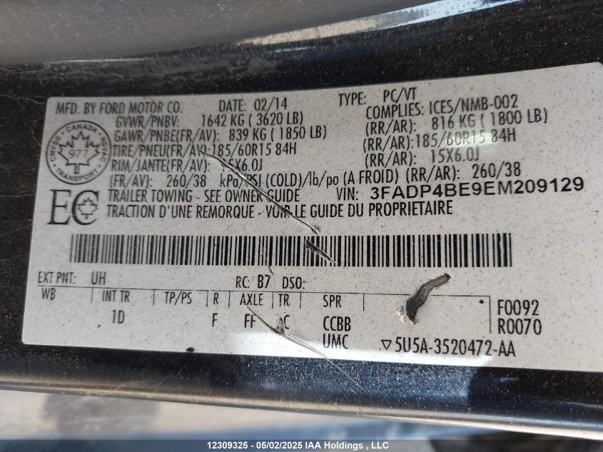 2014 Ford Fiesta Se VIN: 3FADP4BE9EM209129 Lot: 12309325