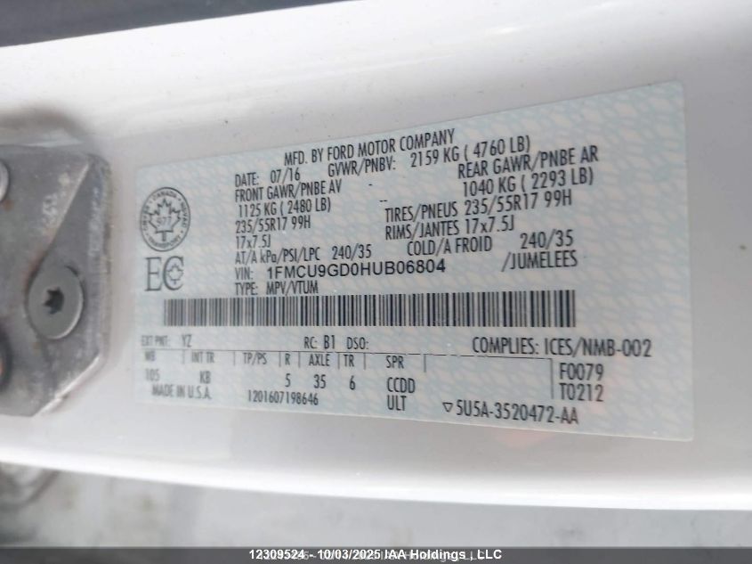 2017 Ford Escape Se VIN: 1FMCU9GD0HUB06804 Lot: 12309524
