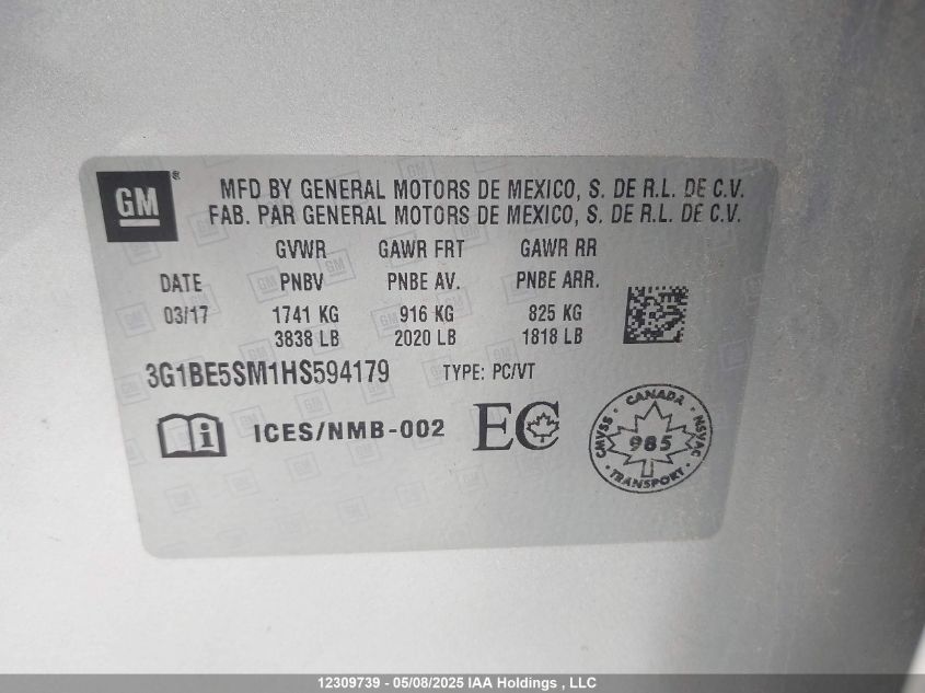 2017 Chevrolet Cruze VIN: 3G1BE5SM1HS594179 Lot: 12309739