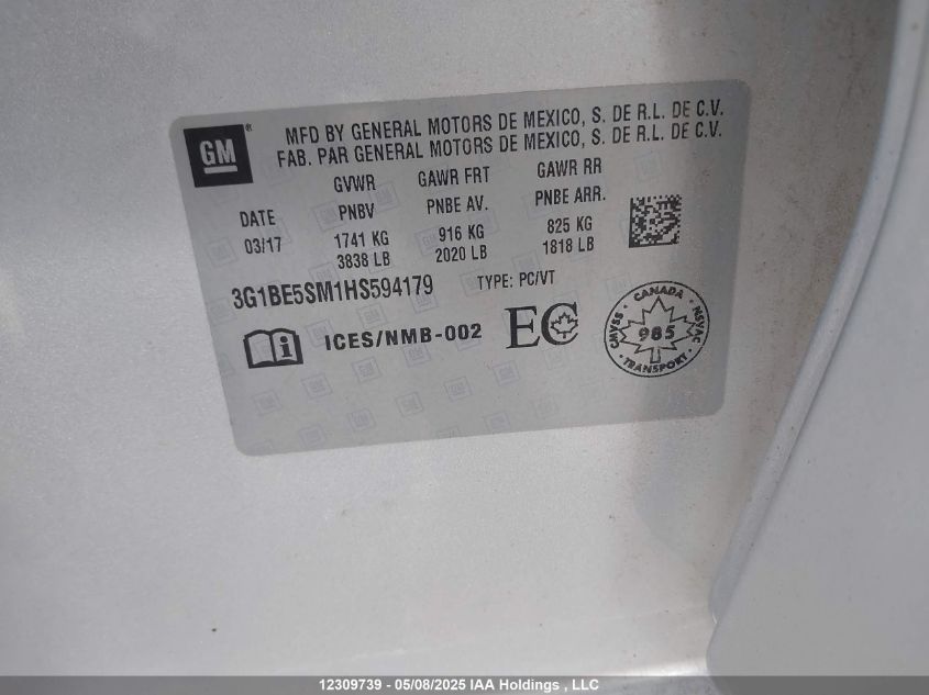 2017 Chevrolet Cruze VIN: 3G1BE5SM1HS594179 Lot: 12309739