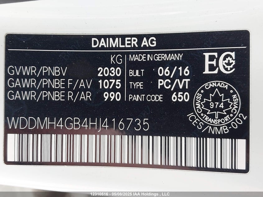 2017 Mercedes-Benz B 250 Sports Tourer VIN: WDDMH4GB4HJ416735 Lot: 12310516